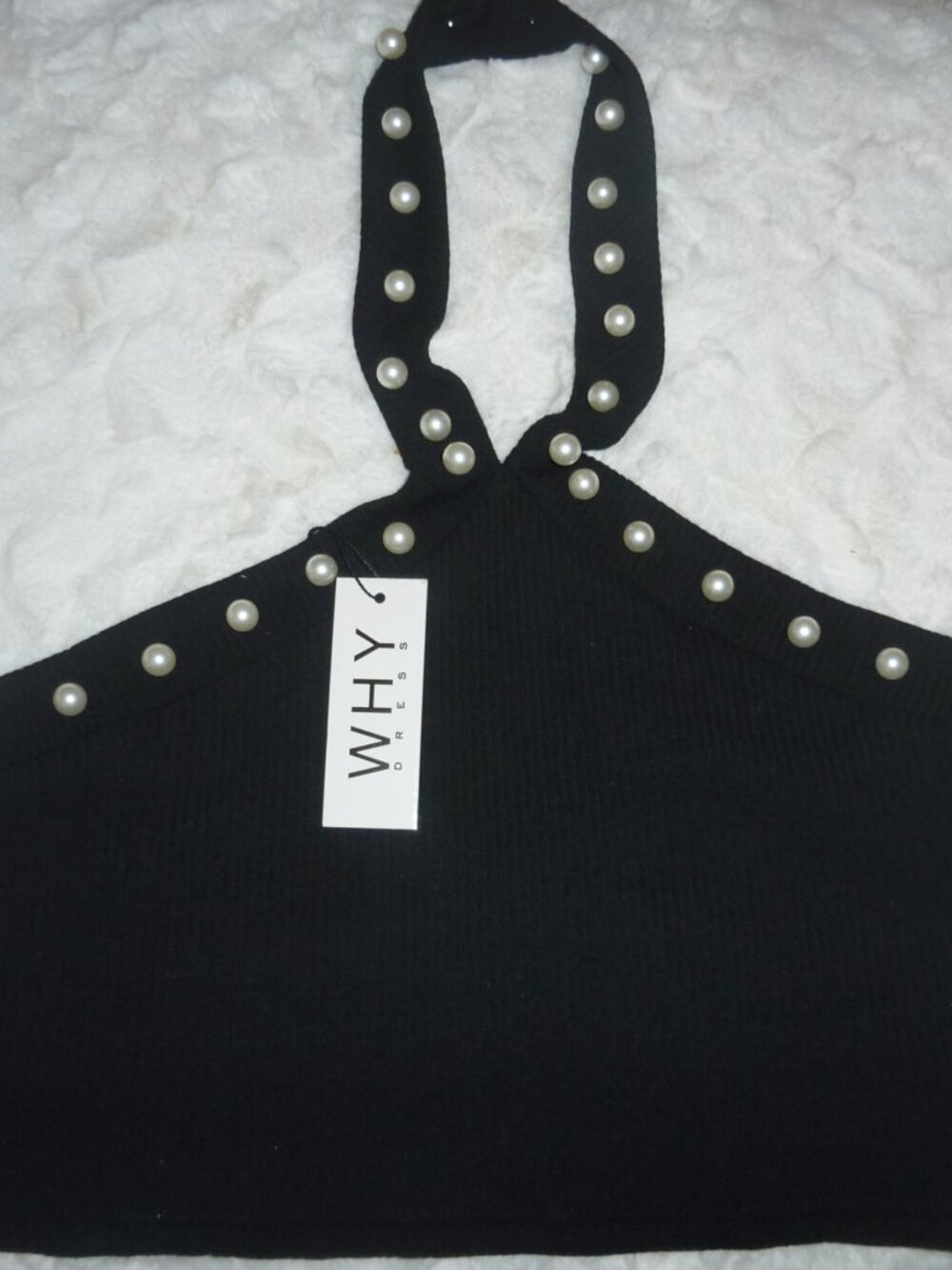 NWT Why Dress Black Cropped Top With Large Pearl Accents Large Rare!